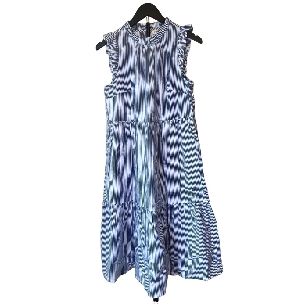 J.Crew Womens 4 Blue White Striped Tiered Midi‎ Dress Ruffle Mock Neck Lined